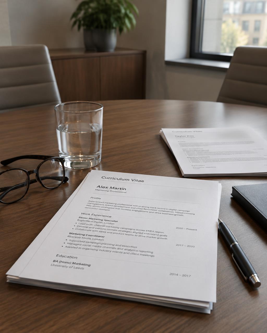 CV imprimés posés sur une table de réunion